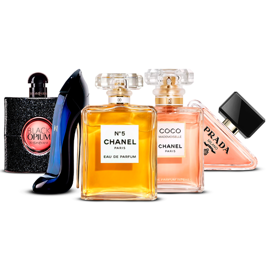 Set de 5 parfumuri – Black Opium, Good Girl, Chanel N°5, Coco Mademoiselle și Prada Paradoxe [100 ml fiecare]