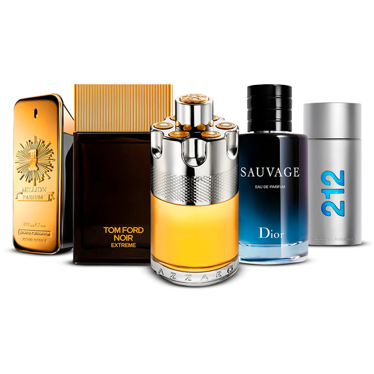 Set de 5 parfumuri – 1 Million, Tom Ford Noir Extrême, Azzaro Wanted, Sauvage și 212 Men [100 ml fiecare]