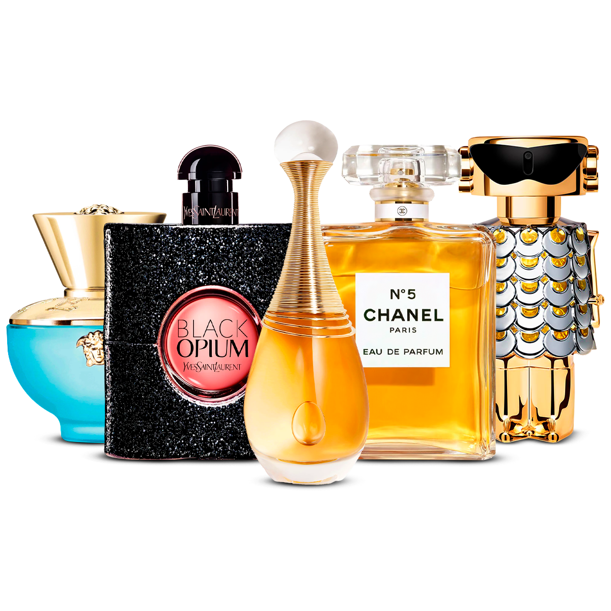 Set de 5 parfumuri – Versace Dylan Turquoise, Black Opium, J'adore, Chanel Nº5 și Fame [100 ml fiecare]