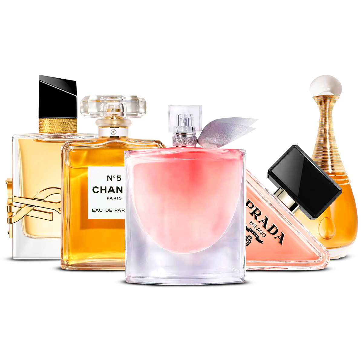 Set de 5 parfumuri – Yves Saint Laurent Libre, Chanel Nº5, La Vie Est Belle, Prada Paradoxe și J'adore [100 ml fiecare]