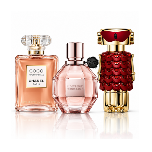 Set de 3 parfumuri | Coco Mademoiselle Chanel Eau de Parfum – 100 ml | Flowerbomb Viktor&Rolf Eau de Parfum – 100 ml | Fame In Love Rabanne Parfum Elixir – 80 ml