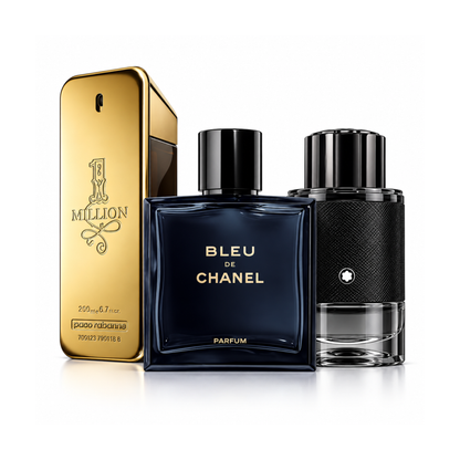 Set de 3 parfumuri | One Million Rabanne Eau de Toilette – 200 ml | Bleu de Chanel Eau de Parfum – 150 ml | Montblanc Explorer Extreme Eau de Parfum – 100 ml