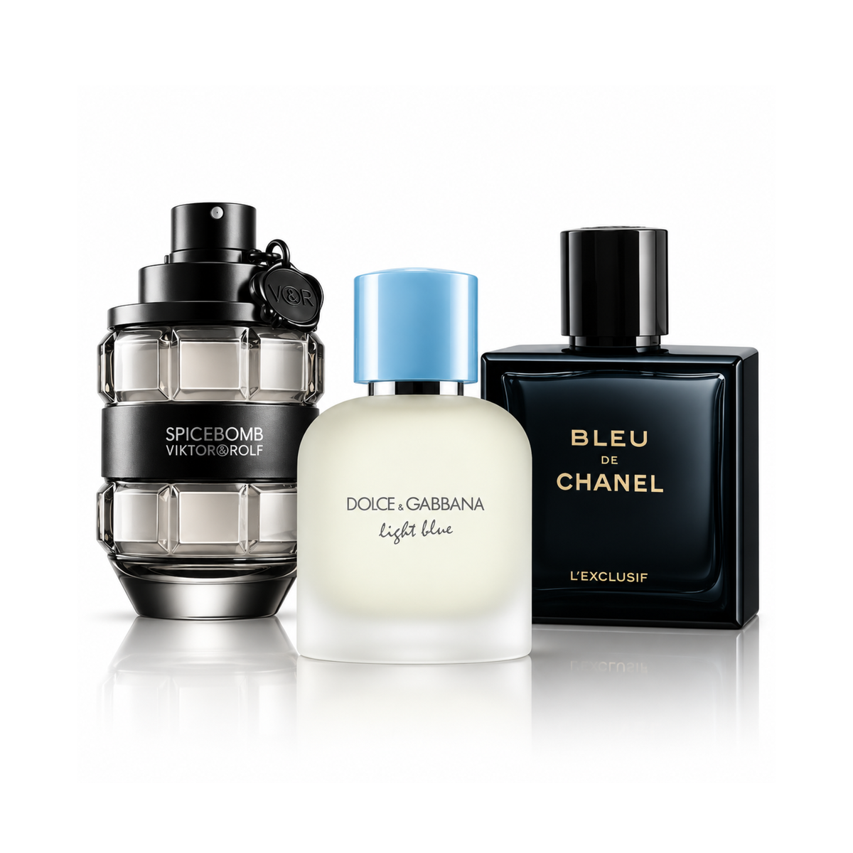Set de 3 parfumuri |Spicebomb Viktor&Rolf Eau de Toilette – 100 ml | Light Blue Pour Homme Dolce&Gabbana Eau de Toilette – 100 ml | Bleu de Chanel L'Exclusif – 100 ml